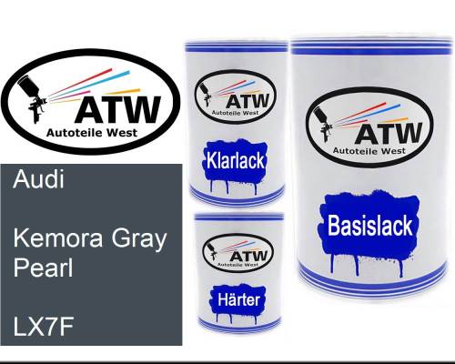 Audi, Kemora Gray Pearl, LX7F: 500ml Lackdose + 500ml Klarlack + 250ml Härter - Set, von ATW Autoteile West.